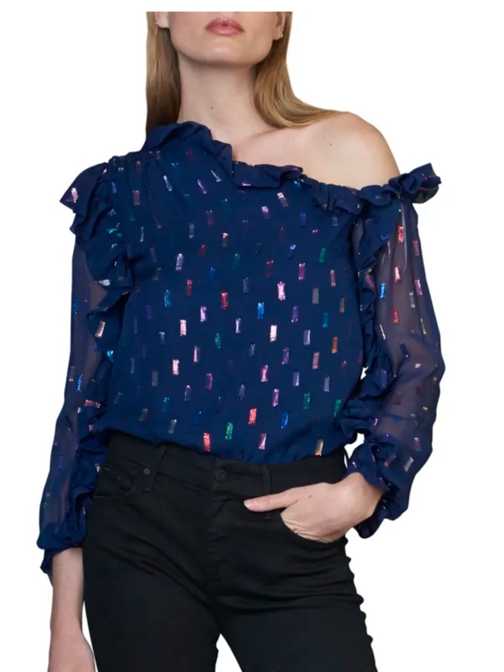 Monique Lhuillier Chiffon Blouse Off-Shoulder Ruffle SZ S NWT